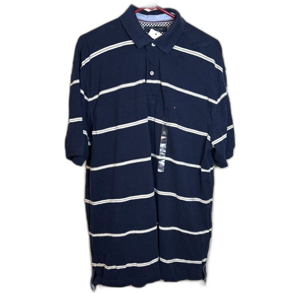 Tommy Hilfiger Men’s XL Navy White Striped Polo Shirt 100% Cotton NWT